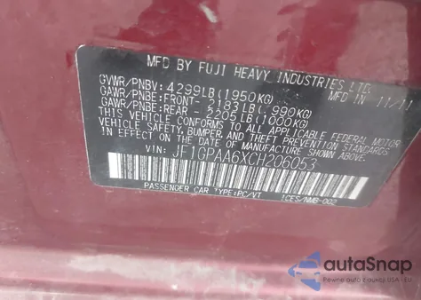 2012 Subaru Impreza 2.0I z USA, uszkodzony, nr VIN JF1GPAA6XCH206053